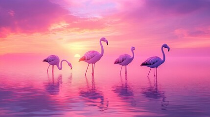 Fototapeta premium Elegant Flamingos Standing in Vibrant Lagoon at Sunset