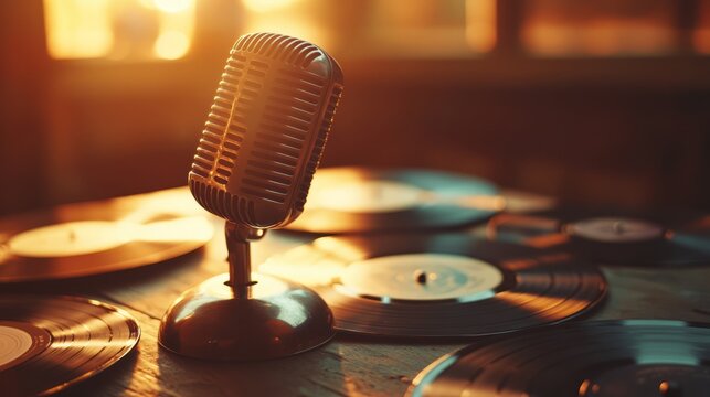 Vintage Microphone and Vinyl Records