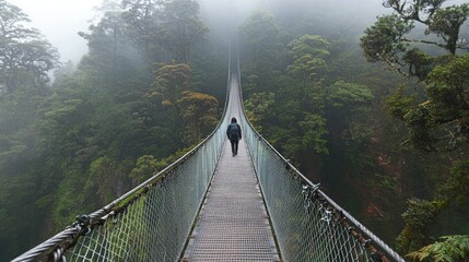 Fototapeta premium Person Walking on a Misty Suspension Bridge
