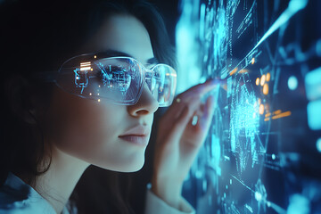 A woman analyzing futuristic holographic data, showcasing innovation and advanced technology, surrounded by binary code and designed in a wireframe plexus style.