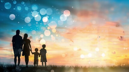 Happy family silhouette against stunning sunset sky,  beautiful nature landscape evoking family vacation concept.