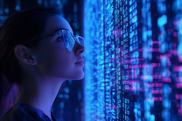 A woman analyzing futuristic holographic data, showcasing innovation and advanced technology, surrounded by binary code and designed in a wireframe plexus style.