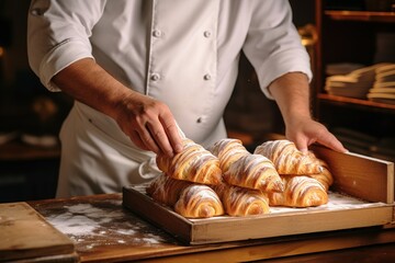 baker arranging croissants in a bakery