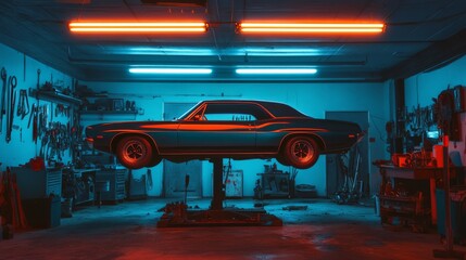 Retro Car in Neon Garage