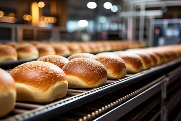 Food production process in a plant. Manufacturing bread loafs