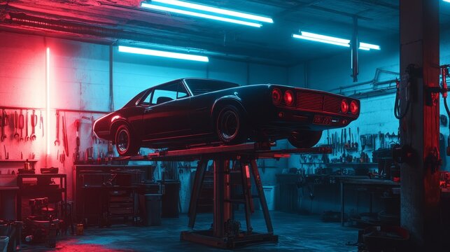 Retro Sports Car in Workshop