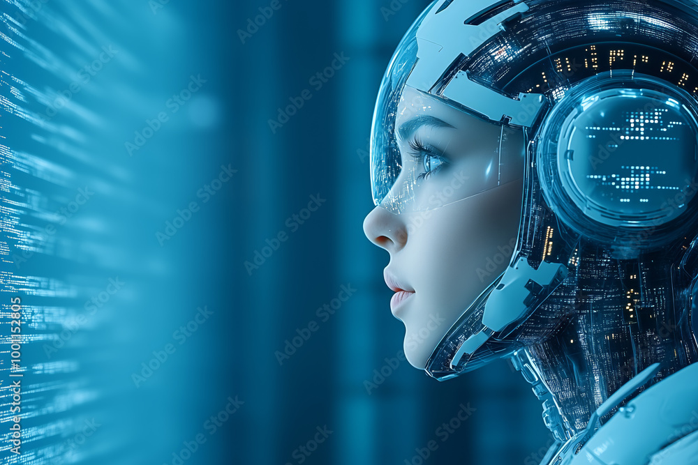 Aufkleber futuristic female android observing digital data streams in a high-tech environment