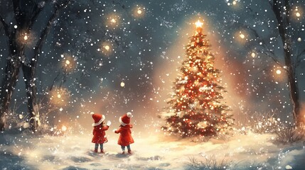 Obraz premium Two children dressed in red watch a glowing Christmas tree in a winter wonderland