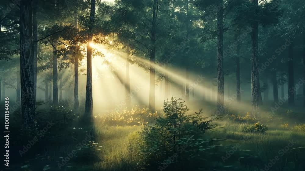 Poster sunlight streams through the trees in a misty forest, illuminating the path ahead