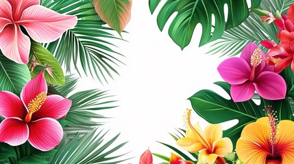 Tropical palm leaves and flowers like strelitzia, orchids, hibiscus, framing a central space for text