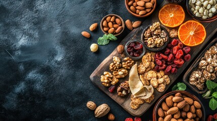 Colorful Healthy Snacks on Wooden Board