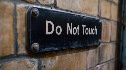 Fototapeta premium Close-up view of a black Do Not Touch sign mounted on an old, weathered brick wall with visible wear and tear texture details