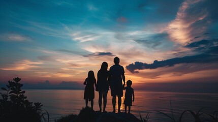 Fototapeta premium Happy family silhouette against stunning sunset sky, beautiful nature landscape evoking family vacation concept.