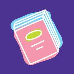 Doodle book icon handdrawn with thin line and colored with colorful blobs. Hardcover literature symbol on dark background. Vector illustration