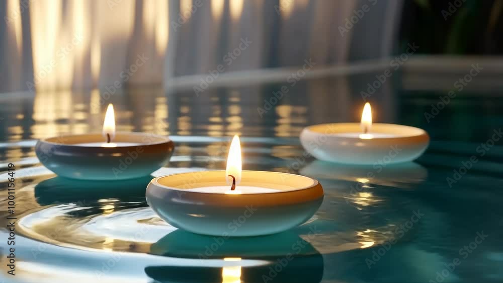 Poster three candles float in still water, casting a warm glow in a relaxing setting