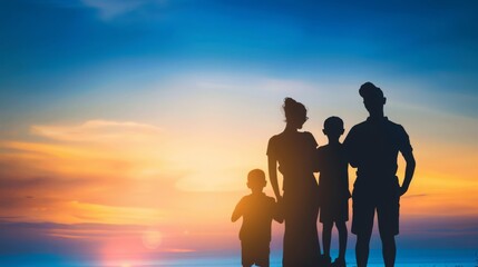Happy family silhouette against stunning sunset sky,  beautiful nature landscape evoking family vacation concept.