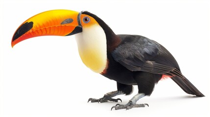Obraz premium Vibrant toucan in perched pose highlighting colorful plumage and tropical wildlife isolated on white background