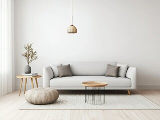 Minimalist Living Room with Grey Sofa and White Walls