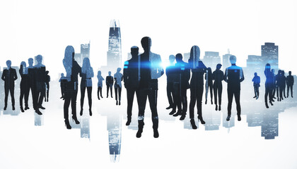 Businesspeople silhouettes with cityscape background, symbolizing teamwork and corporate unity.