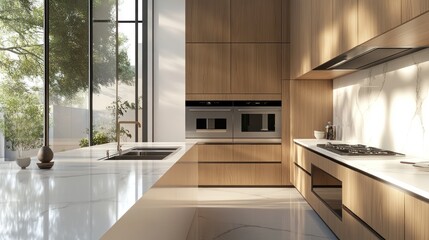 Fototapeta premium Modern kitchen featuring wooden cabinetry and sleek appliances with natural light.
