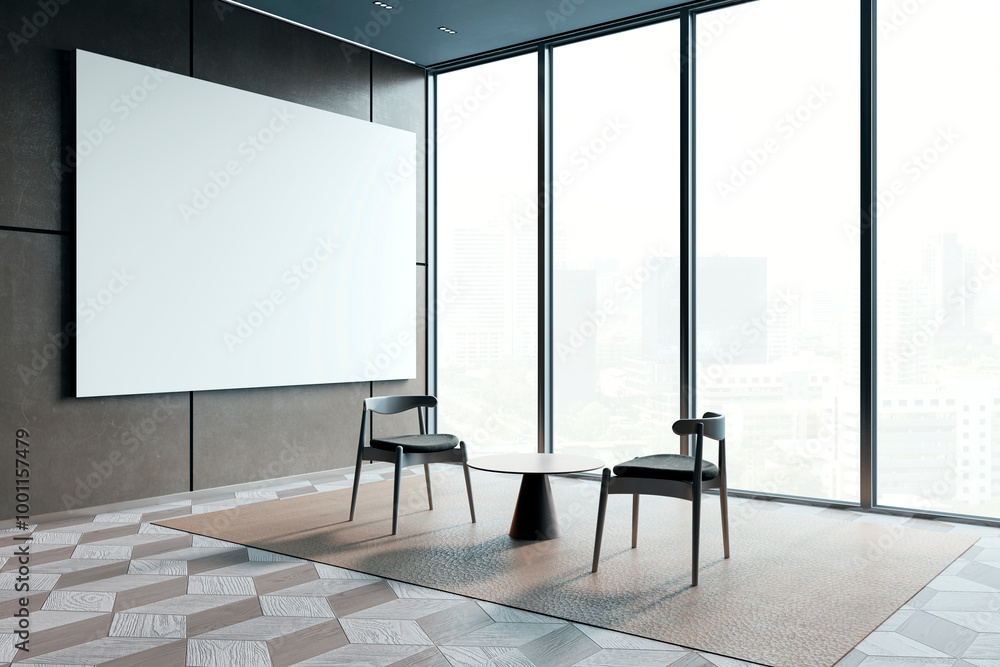 Poster empty modern office waiting area with large blank canvas on wall. 3d rendering