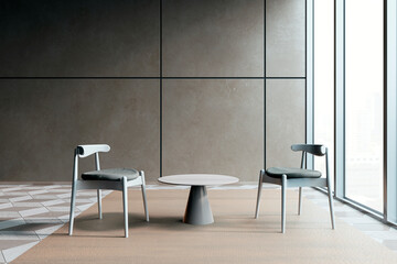 Modern office waiting area with chairs and table by large window. 3D Rendering