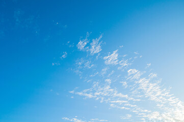 Morning sky background, white dramatic fluffy clouds lit by morning sunlight. Vast morning sky landscape scene, blue morning sky background