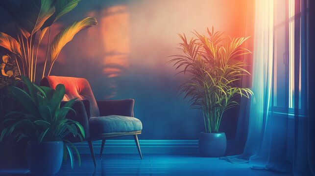 Cozy retro interior with vibrant plants and warm lo-fi ambiance