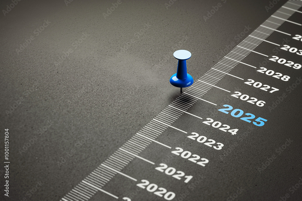 Poster blue pin marking the year 2025 on a timeline concept. 3d rendering