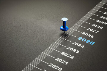Blue pin marking the year 2025 on a timeline concept. 3D Rendering