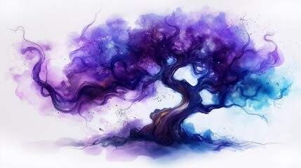 Fototapeta premium Expressive watercolor cosmic nebula in abstract tree shape for artistic design