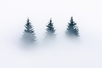 Fototapeta premium Three evergreen trees stand tall in a thick fog, creating a calm and mysterious winter atmosphere in nature
