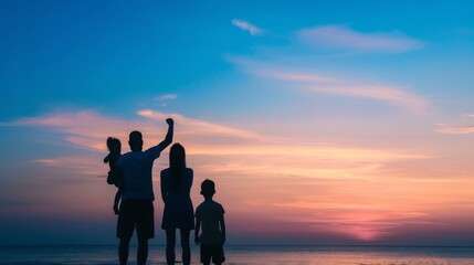 Happy family silhouette against stunning sunset sky,  beautiful nature landscape evoking family vacation concept.