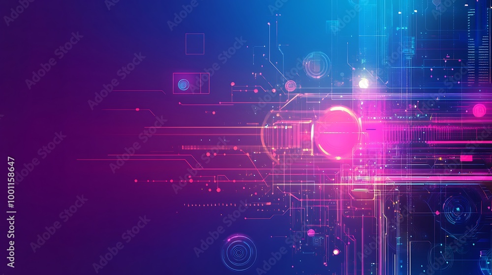 Poster Abstract digital background with glowing circuits, lines and shapes.