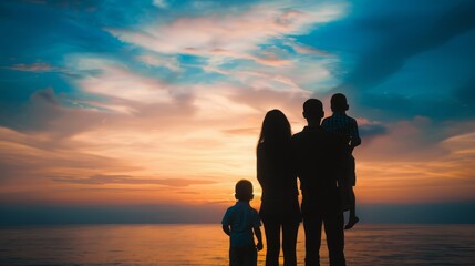 Happy family silhouette against stunning sunset sky,  beautiful nature landscape evoking family vacation concept.