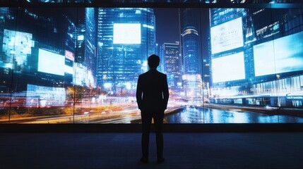 Silhouette of a Man Looking at a Cityscape on a Digital Screen
