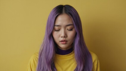 Fototapeta premium Woman with purple hair and neutral expression, looking slightly away from the camera.