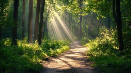 Obraz premium Tranquil Path Through Lush Green Forest