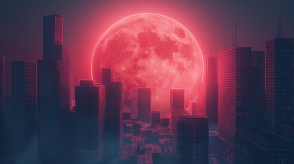 Obraz premium Minimalistic synthwave cityscape with futuristic architecture and neon moon