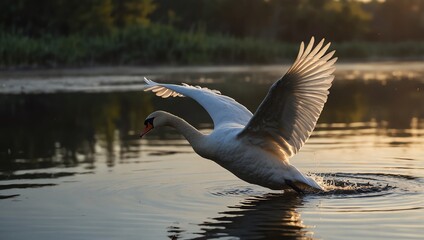 goose in flight . A white swan is landing on a calm body of water