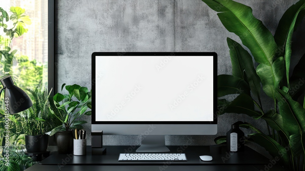 Poster minimalist workspace with computer and greenery