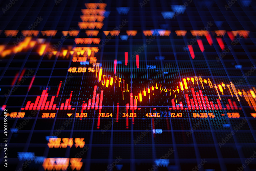 Poster Financial market stock chart showing loss with red indicators on digital screen. 3D Rendering