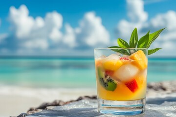 A refreshing cocktail with tropical fruits and ice served at a beachfront bar, a travel agency concept