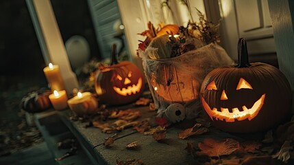 Fototapeta premium Spooky Halloween Pumpkins on Porch Decoration