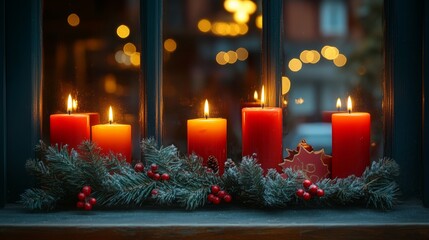 Warm Christmas candles flicker beside greenery in a festive window during winter evenings