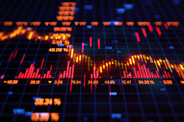 Financial market stock chart showing loss with red indicators on digital screen. 3D Rendering