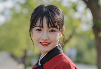 portrait of beautiful woman wearing red and black hanbok in the park. generative AI