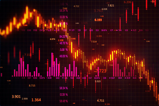 Financial chart displaying a downward trend with red and orange bars. 3D Rendering