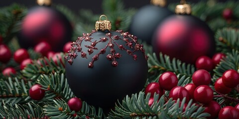 Fototapeta premium Beautifully decorated Christmas ornaments with intricate designs placed on lush green pine branches and accompanied by vibrant red berries, capturing the festive holiday spirit