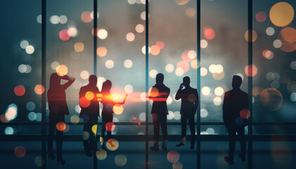 Businesspeople silhouettes in an office with bokeh city lights in the background at night.